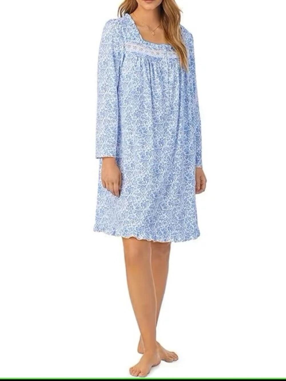 NWT EILEEN WEST Blue Floral 100% COTTON KNIT Long Sleeve Short Nightgown m blue
